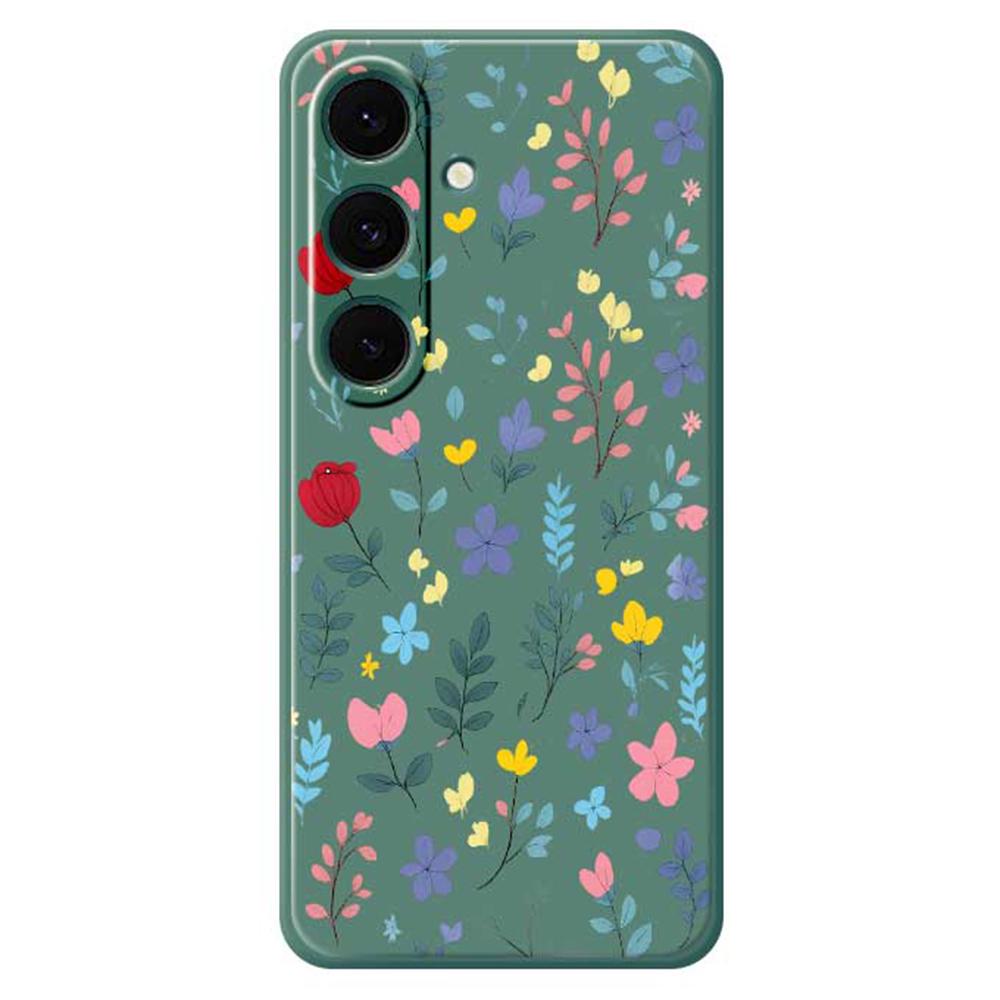 

For Samsung Galaxy S24 FE Case Colorful Flower Branches Pattern Printing Straight Edge TPU Phone Back Cover Green