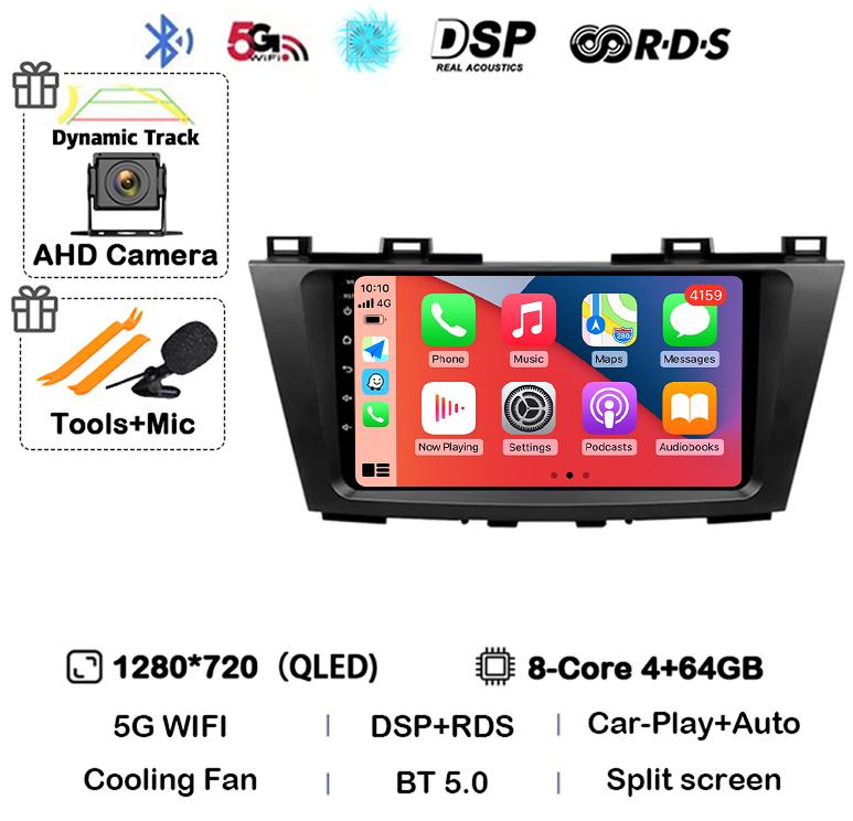 Android 14 Carplay Auto For Mazda 5 CW 2010 2011 2012 2013 2014 2015 Multimedia Car Radio Navigation Player Video WIFI+4G DSP