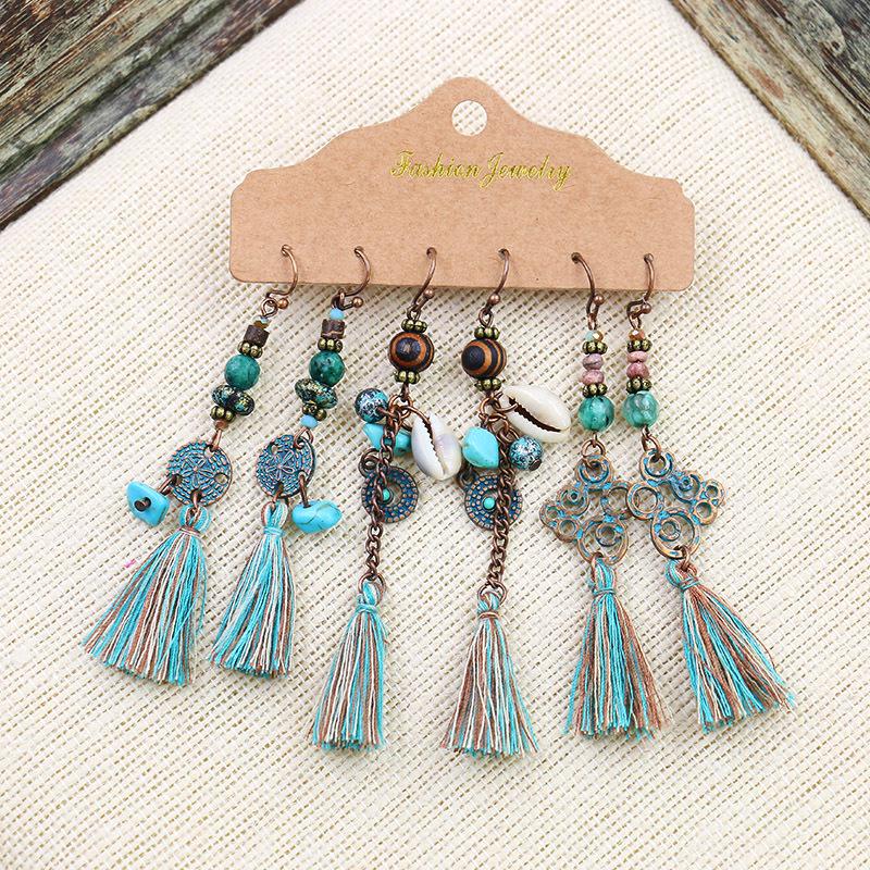 Bohemian Ethnic Retro Earring Set: 3-Piece Hanfu & Nepal Style for Women