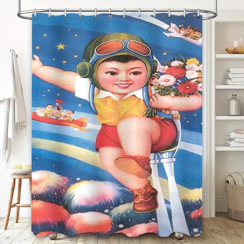 Vintage Shower Curtain Waterproof Kids Bath Decor Space Fantasy Astronaut Pilot Design Cartoon Wall Hanging In Shower Curtains F