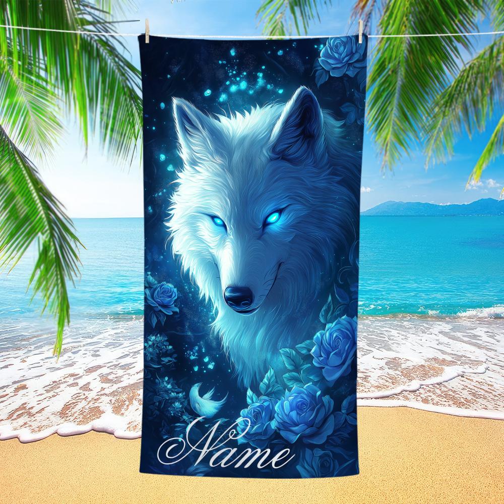 Individuelles Weißer Wolf Strandtuch Personalisierter Name Blaue Rose Mikrofaser Badetuch 160x80cm Weich Schnelltrocknend