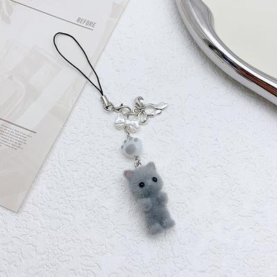 Kawaii Flocking Cat Pendant Phone Lanyard Y2K Cute Bow Kitten Phone Chain Korean Mobile Phone Charm Keycord Girl Gifts