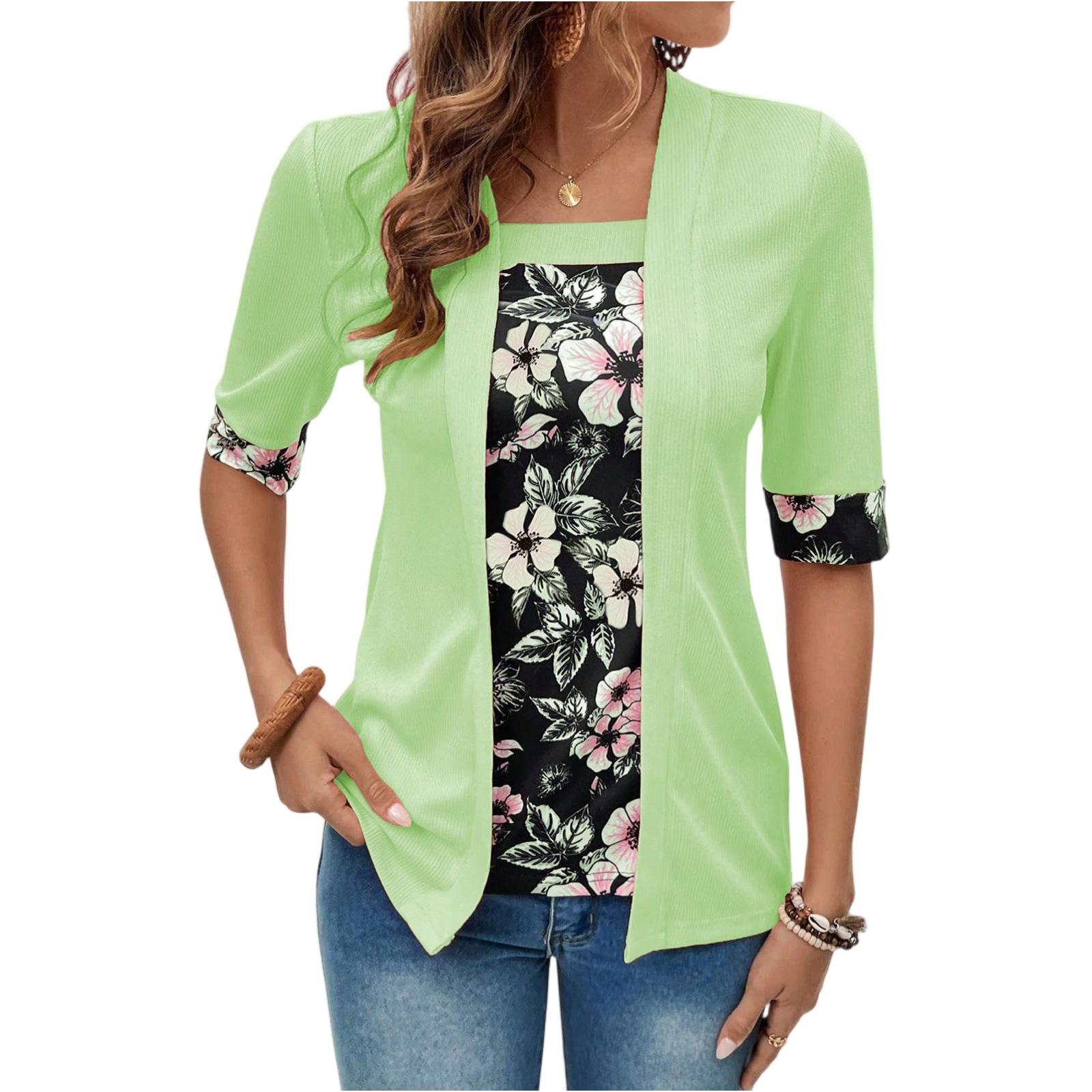 Women s Fashion Slim Fake Two Piece Five Points Sleeve Printed Top T-Shirt L