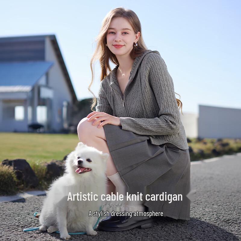 Women s Hooded Double Zipper Cable Knit Cardigan S