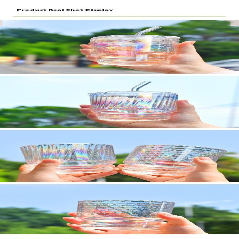 Tasse en Verre à Revêtement Coloré Portable Ménagère Mug pour Boisson Jus Café Glacé avec Couvercle en Plastique et Paille en Verre