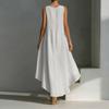 Women's Color Cotton Linen Irregular Sleeveless Dress With Short Front And Long Back