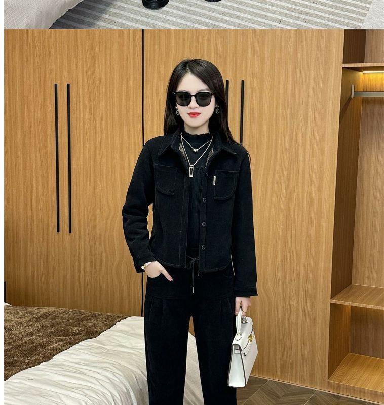 Women's Plus Velvet Corduroy Suit - Autumn/Winter Fashionable Plus Size Loose-Fit Coffee Two-Piece Set