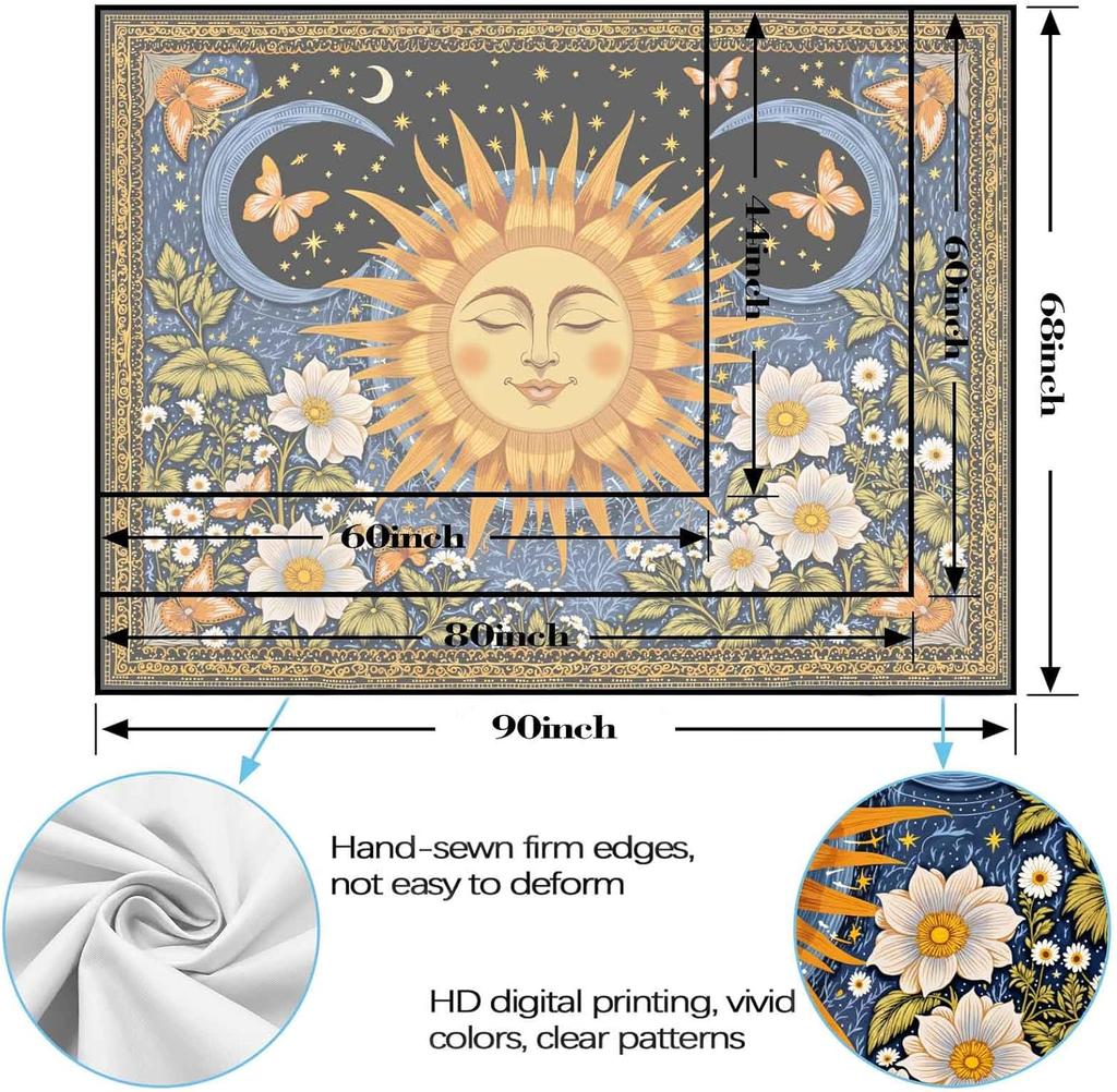Sun and Moon Tapestries Celestial Style Tapestries Mystical Floral Butterfly Wall Tapestry Bedroom Dormitory Living Decoration