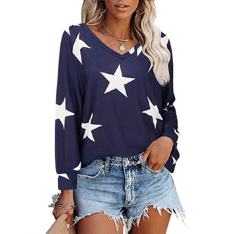 Autumn and Winter New Female Five-pointed Star Print V-neck Long-sleeved Sweater T-shirt