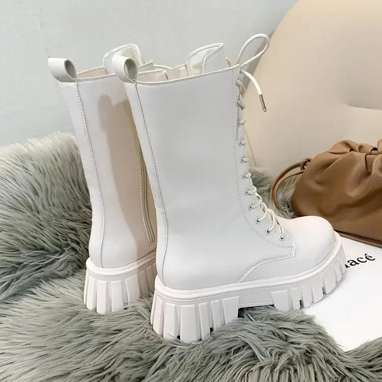 

Мода 2024Женские сапоги Модные сапоги до середины голени Повседневные сапоги из искусственной кожи Ботинки на нескользящей платформе для женщин Ботильоны на шнуровке Botas Mujer 37