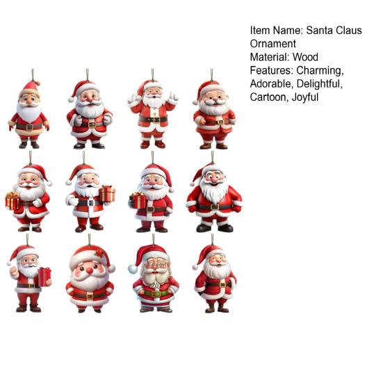 12 Pcs Wooden Santa Claus Ornaments Christmas Tree Hanging Cartoon Santa Claus Decoration for Xmas Tree Party Decor