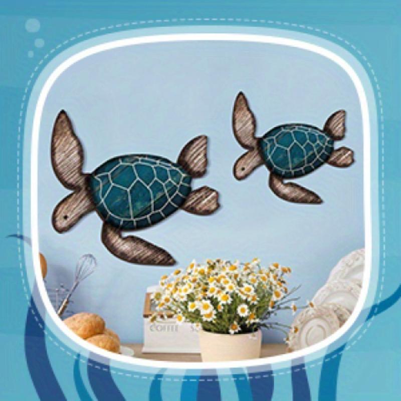2Pcs/Set Wooden Turtle Wall Hanging Painting Farmhouse Turtle Hanging Decoration Beach Theme Decoration
