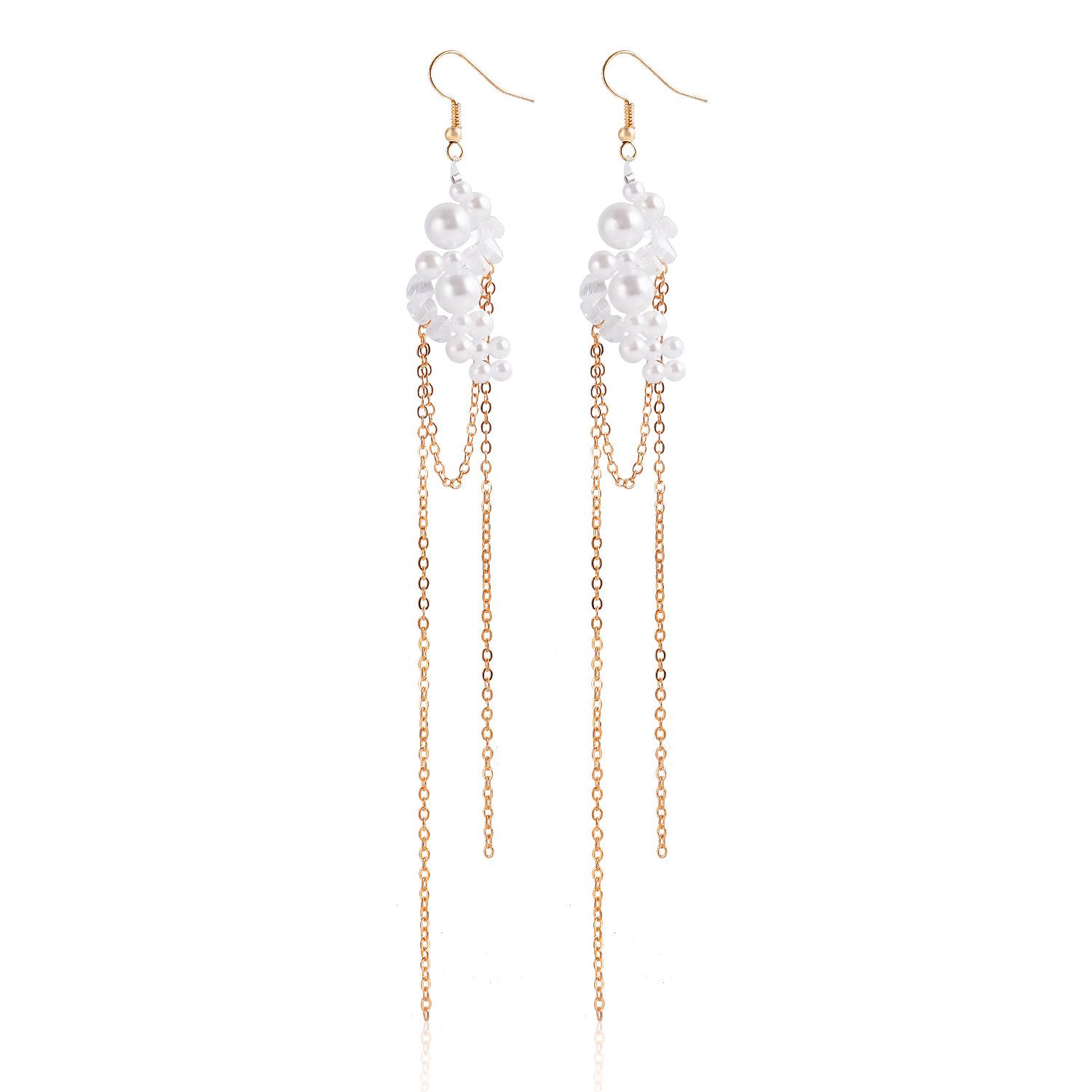 

Europe, America, autumn and winter new long imitation pearl fringed earrings, high-end light luxury handmade stud earrings золотой