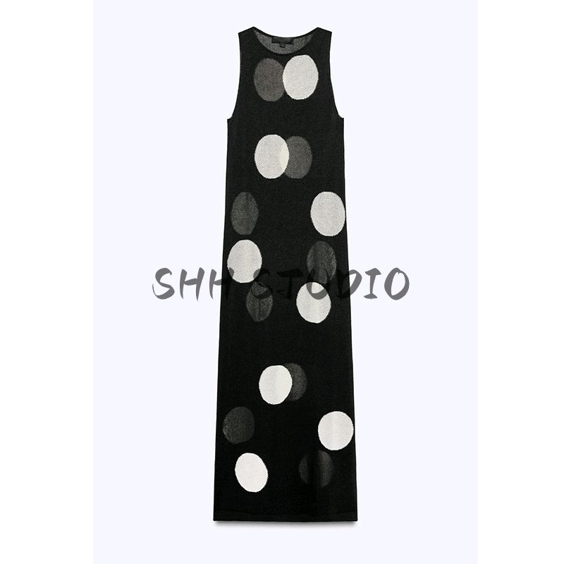 Summer New Product Women's Clothes French Style Design Sleeveless round Neck Polka Dot Knitting Long Dress 9598205