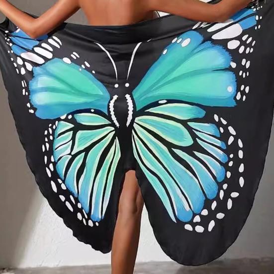Women Beach Dress Versatile Spaghetti Strap Wrap Skirt Breathable Butterfly Wings Pattern Cover Up