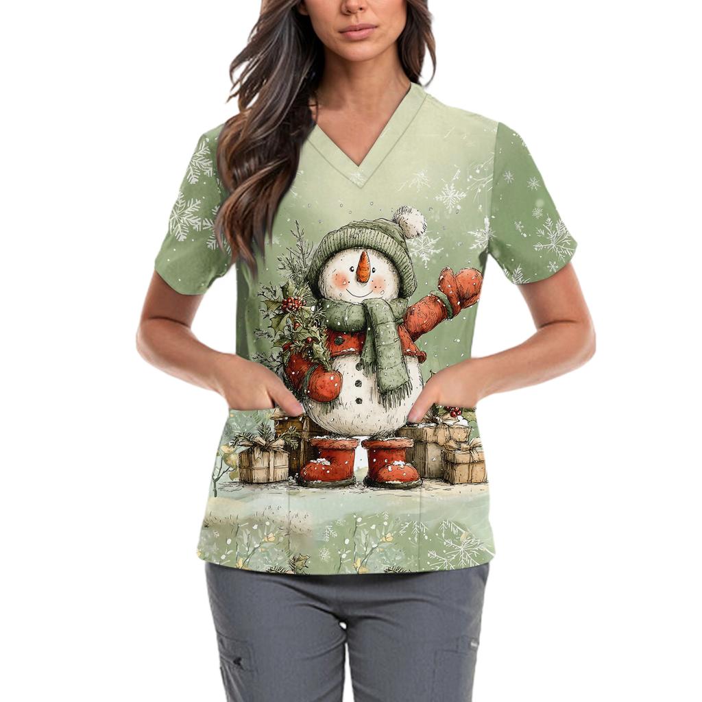 Dame Søt Sløyfe Trykket Arbeidsklær V-hals Dobbelt Lag Lommer Basic Kortermet Topp Pullover