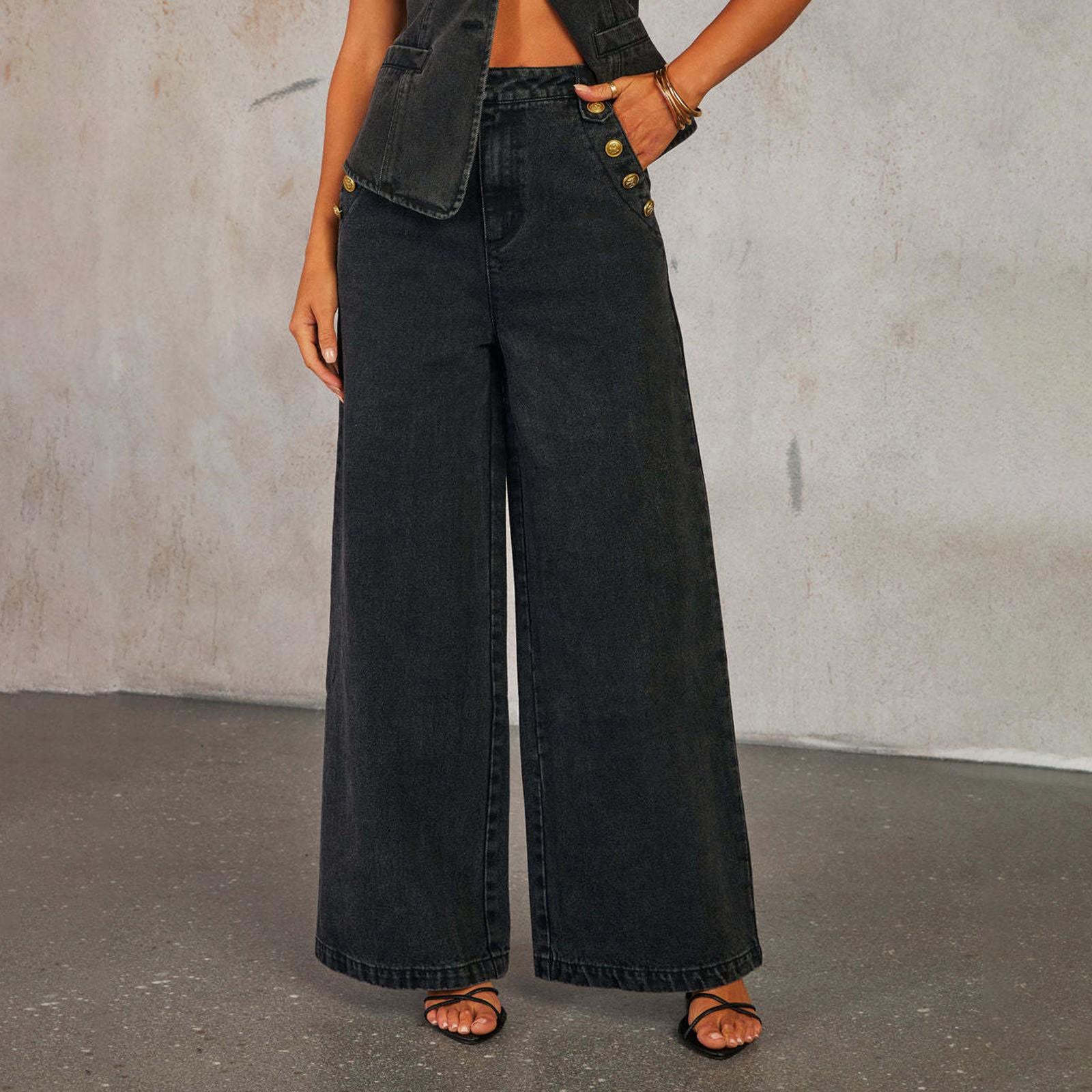 

Женские джинсовые классические универсальные модные брюки с высокой талией L чёрный