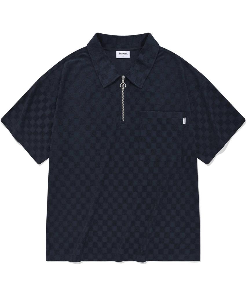 COVERNAT Checkerboard Collar T-Shirt Navy