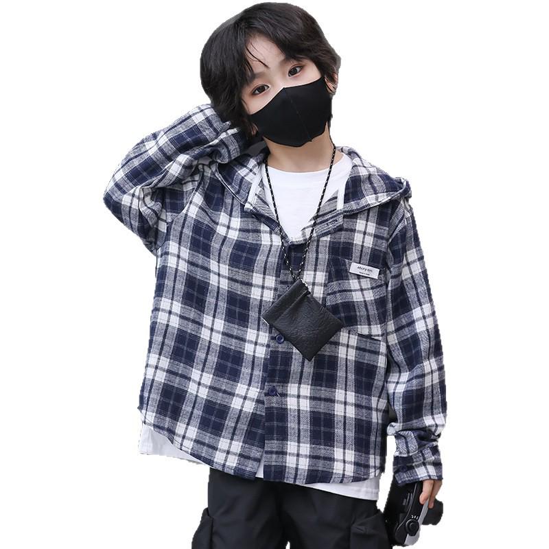 Chłopięca Kurtka w Kratę z Kapturem i Długim Rękawem - Styl Koreański Wiosna/Jesień