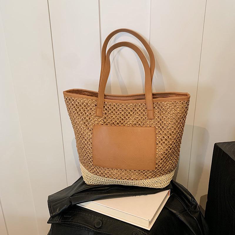 Women Crochet Beach Handbag PU Patchwork Weaving Travel Bag Contrast Color Simple Shoulder Bag Ladies Summer Daily Bag AVE