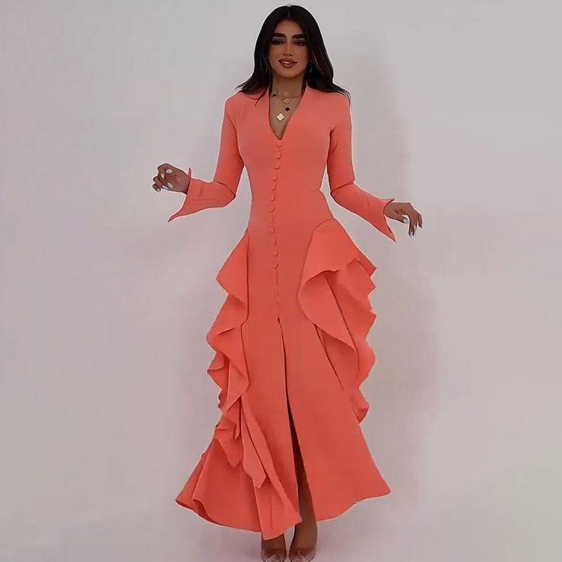 

European and American New V-neck Long Split Temperament Frill Orange Guest dresses Dress Women Dress Coral color S