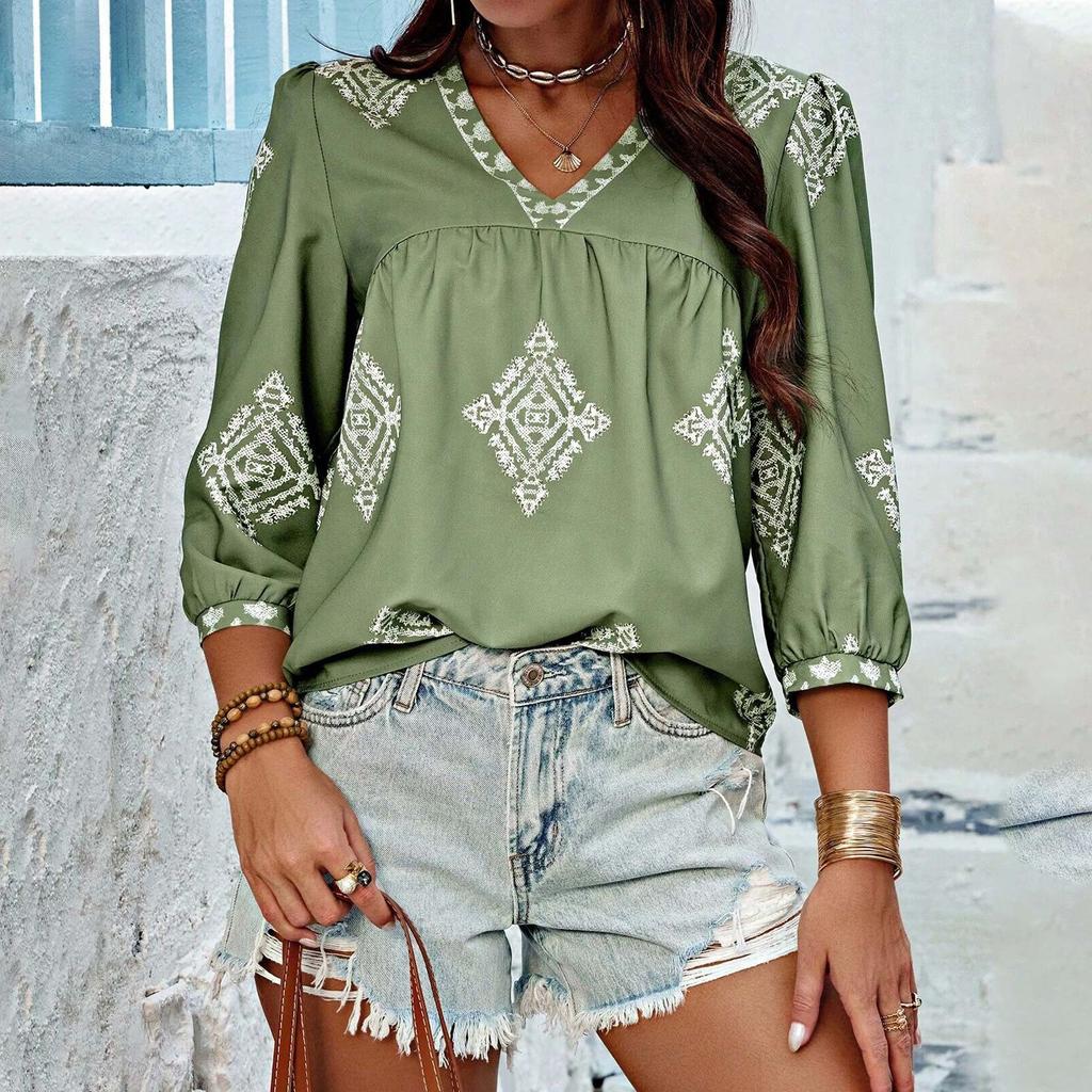 Top pentru femei cu decolteu în V, casual, imprimat, cu șapte mâneci