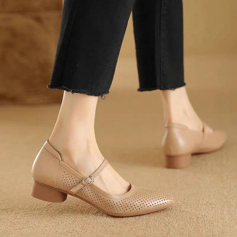 Large Size Hollow Small Leather Shoes Summer Thin Hole Shoes with Soft Leather Mother Shoes Soft Sole Mary Jane Single Shoes Women
