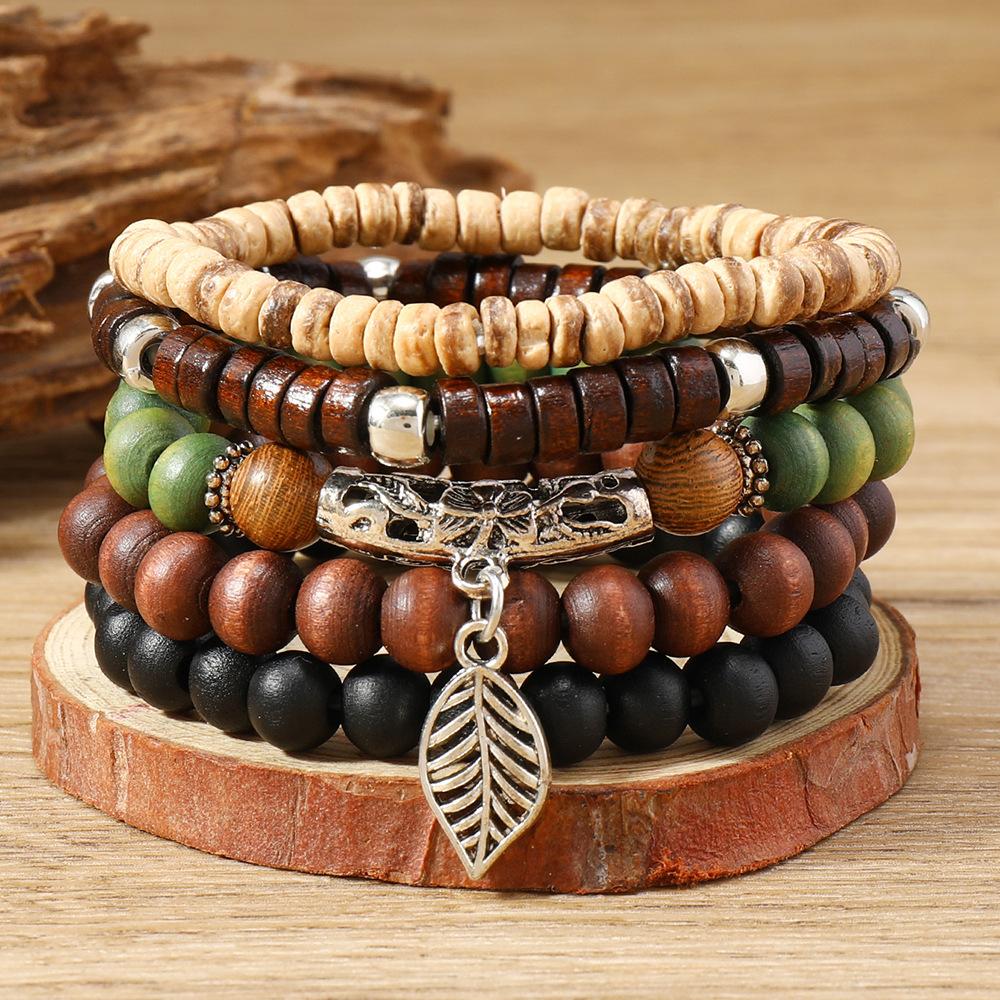 5-Piece Personalized Fashion Beaded Wood Bead Leaf Bracelet