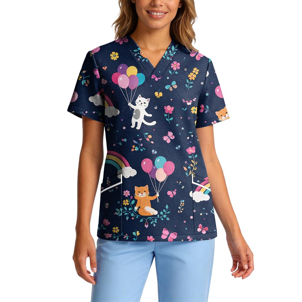 Women's Stretch Quick-Dry V-Neck Short Sleeve Workwear Top with Animal Print & Pockets
