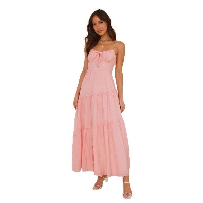 European and American Women clothes New 2025 Sleeve Patchwork Sling Long Backless Lace-up Big Hemline Dress