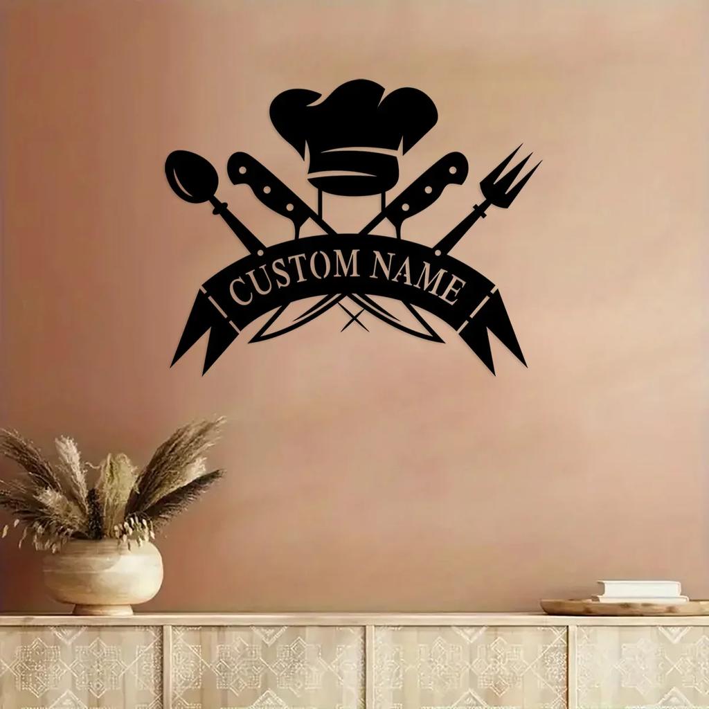 Custom Metal Chef Hat Wall Art, Personalized Kitchen Name Sign Decor