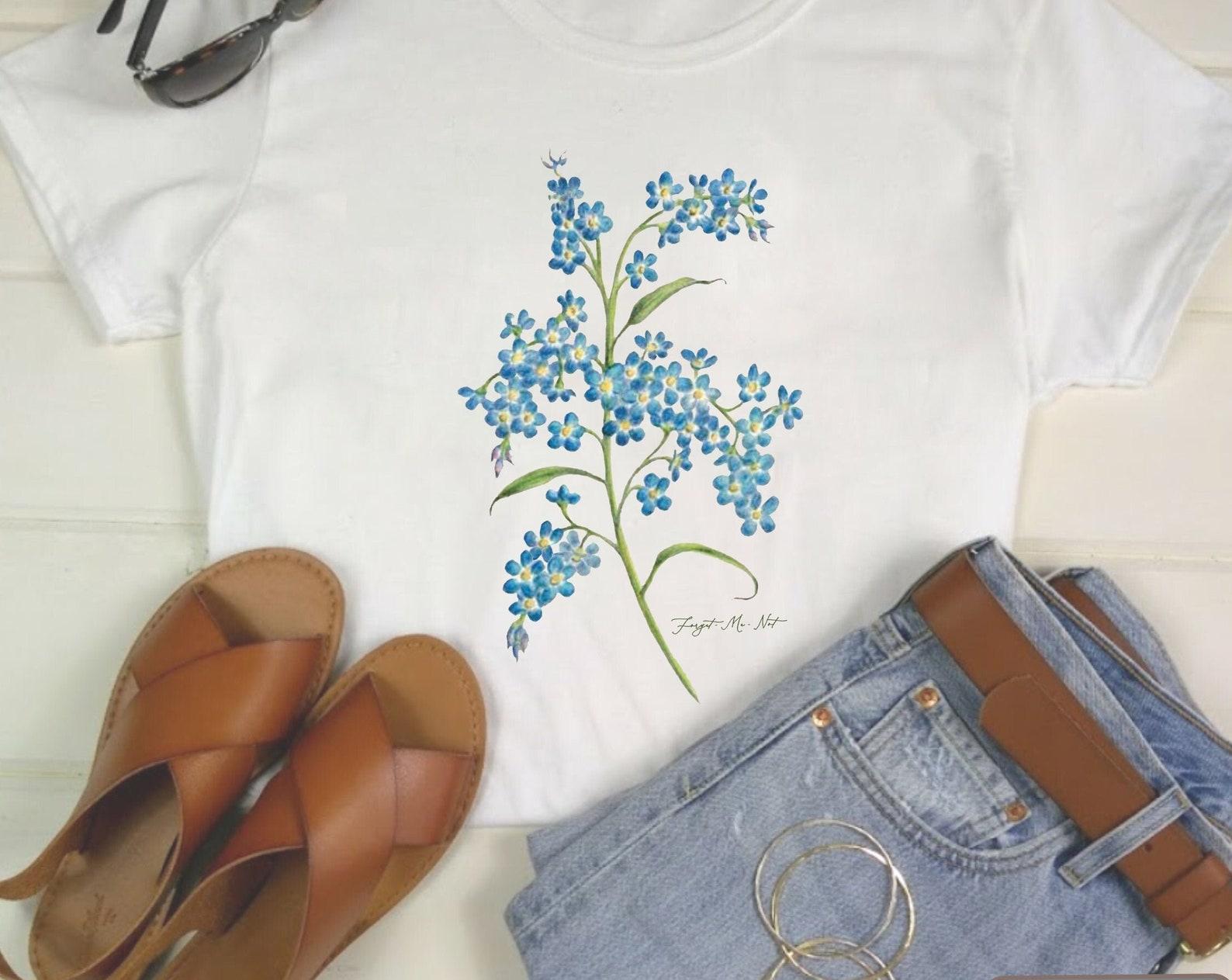 Forget-Me-Not Shirt: Botanical Wildflower Garden Tee L