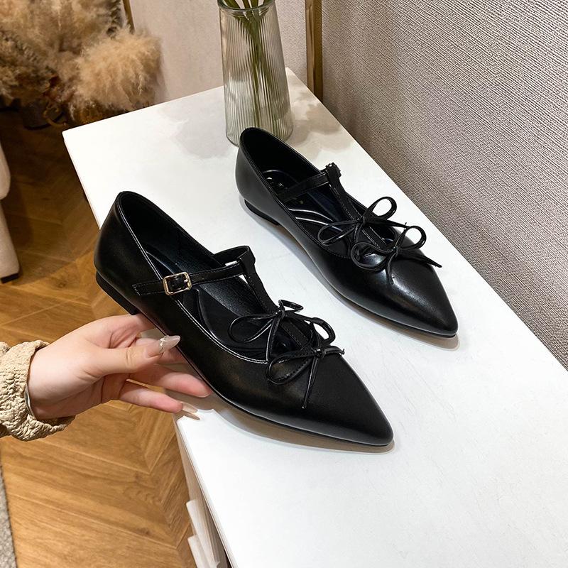 Gentle Pointed Mary Jane Shoes Silver French Small Beautiful Light Mouth Single Shoes Women's Flat Bottom Bow Flat Bottom Temperament Shoes