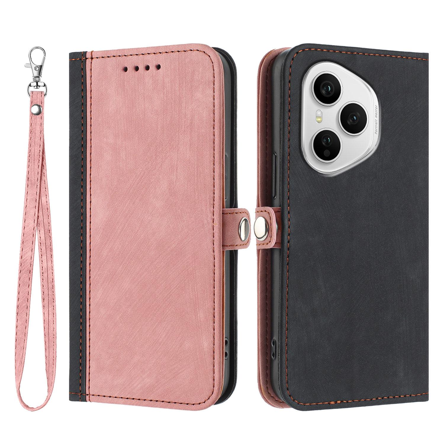 

Для Honor 400 Pro 5G (Глобальный) Чехол из искусственной кожи с ремешком, чехол-подставка для телефона, дизайн с боковой магнитной кнопкой Black+Pink