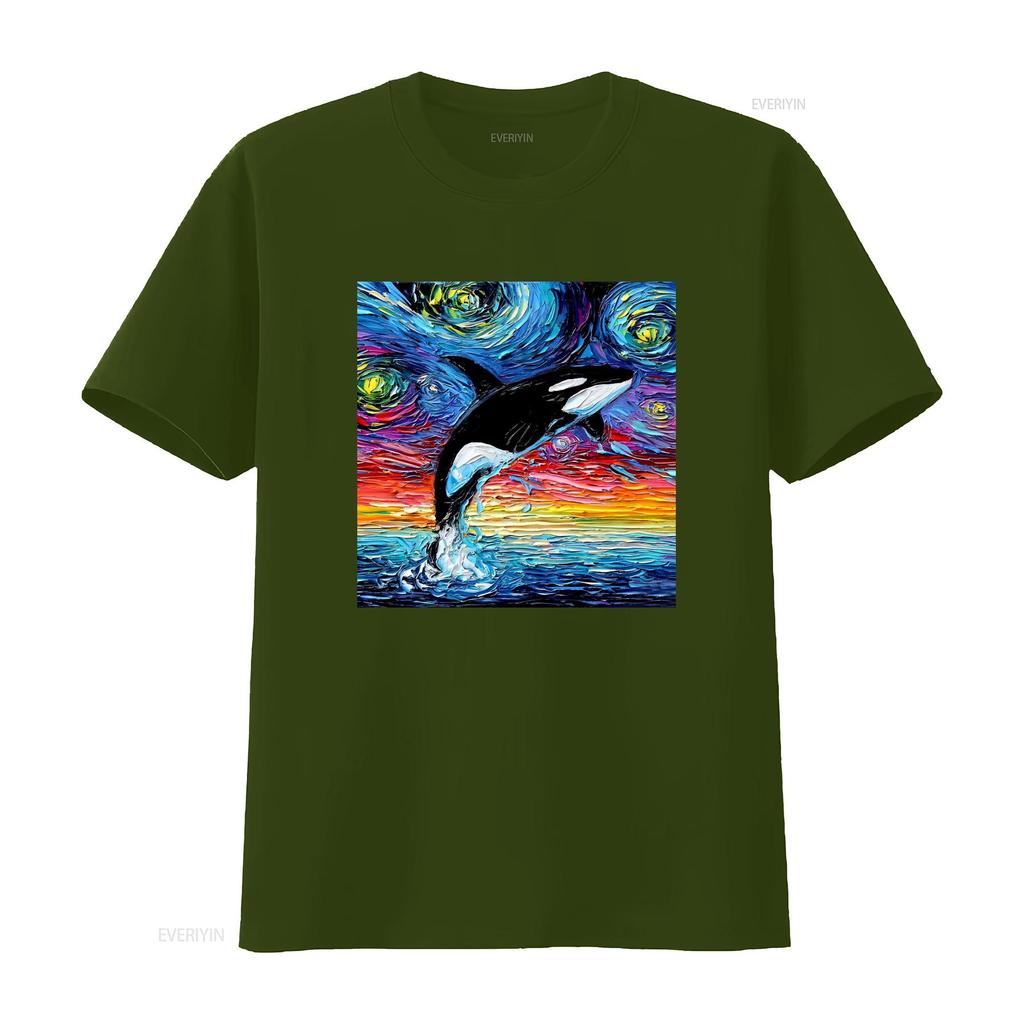 Vibrant Orca Killer Whale Starry Night Ocean Art T Shirt Vintage Washed Streetwear Stretched Casual Versatile