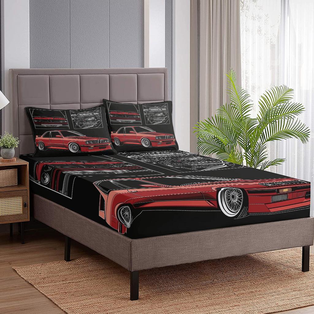 Red Car Pattern 3-Piece Bed Set For Resumption Of Work, With Two Pillowcases, Suitable For Living Room And Bedroom (Fun, Retro)
