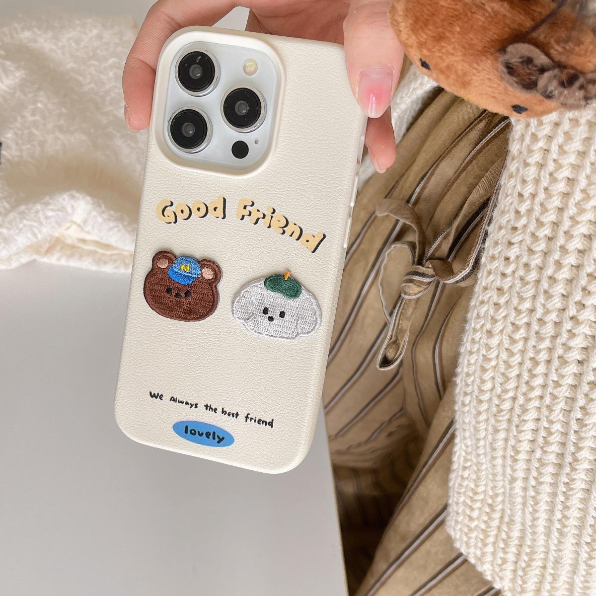 

Корейский вышитый медведь, подходящий для чехла для мобильного телефона Apple 16promax, кожаный узор для iPhone14pro, 15 мультяшный Xsmax Apple 16