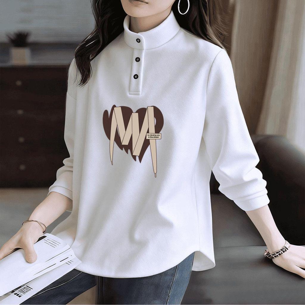 Women's Plus Size Long-Sleeve T-Shirt with Stand Collar and Lapels - De Rong Base Layer, Autumn/Winter Style for a Slimming Look
