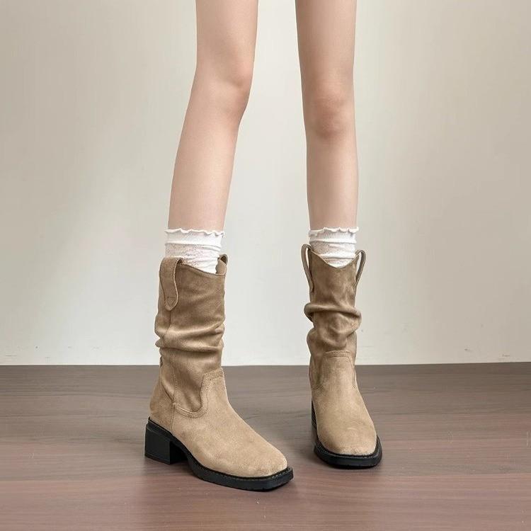 Popular retro pleated stacking boots 2025 new autumn and winter versatile style pointed thin thick heel short boots