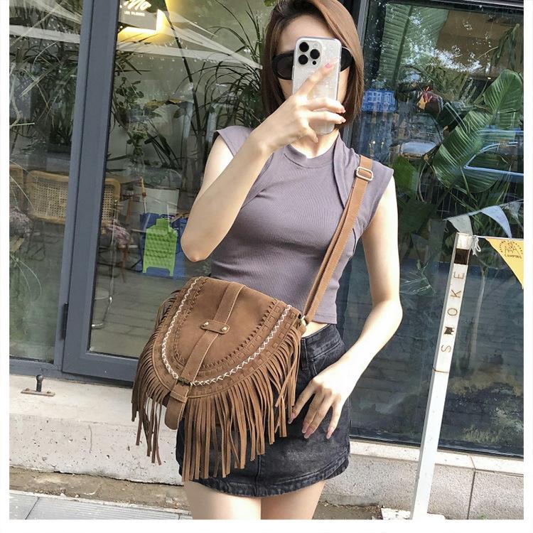 Tassel Bag Brown Retro Western Denim Bag Niche Ethnic Bohemian Messenger Bag Women's Trendy Shoulder Bag