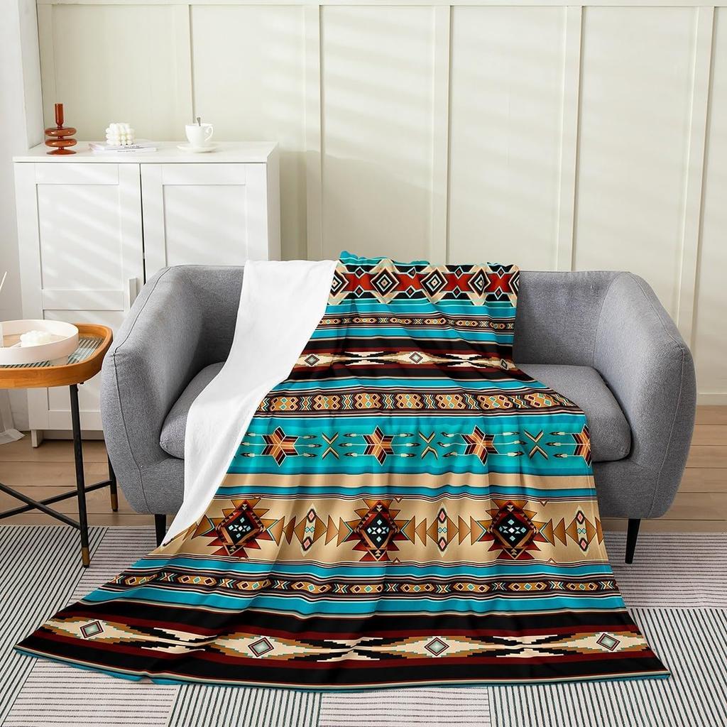 Aztec Pattern Blanket Tribal Design Fleece Throw Boho Home Decor Cozy Sofa Cover Geometric Print Bedding