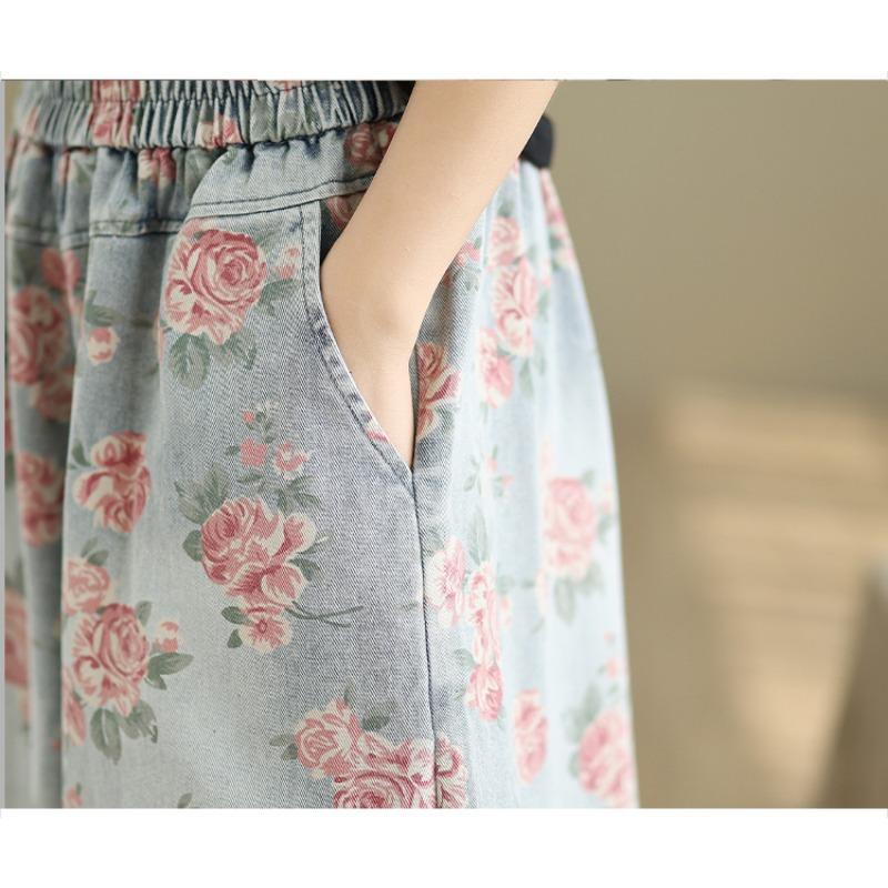 DIMANAF 2025 Plus Size Autumn Jeans New Long Pants Women Loose Denim Trousers Big Size Casual Floral Print