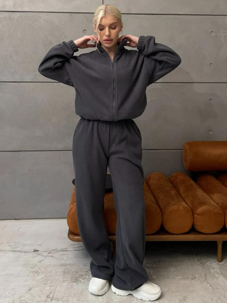 European and American casual women's fleece set thick solid color long-sleeved zipper cardigan elastic wide-leg pants two-piece set