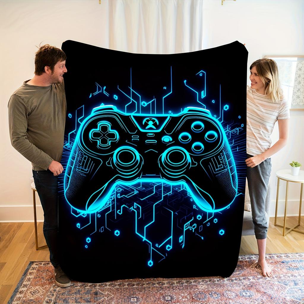 Neon Gaming Controller Fleece Blanket, Cool Gamer Style Throw Blanket Soft Cozy for Autumn/Winter Gaming Nooks & Teen Room Decor