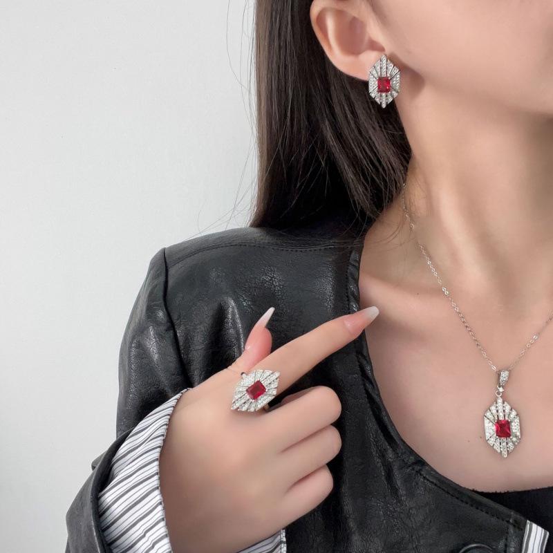 Korean Style Elegant Gemstone Jewelry Set: Rhombus Ring, Earrings, Necklace