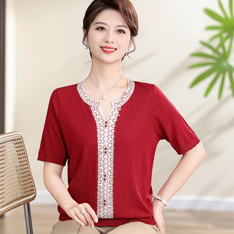 

Elegant Scissor Collar Knit Top for Middle-aged Moms - Summer 2026 Size 120 (suggested for 130-155 lbs) вино красного