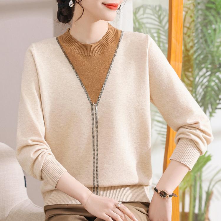 Spring New Mother-in-law T Middle-aged and Elderly Ladies Sweater Round Neck Thin Long-sleeved Sweater Loose Mother-in-law Coat