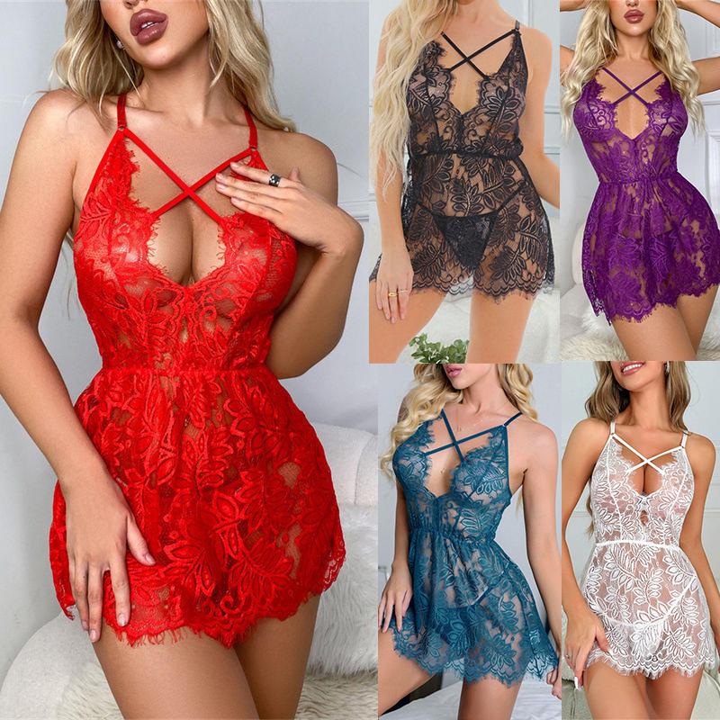 Lady Sexy Strap Sexy Sleepwear Dress Outfit New Lace Skirt See-through Lace