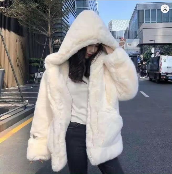 Coat Women's Autumn and Winter Loose Plush Faux Rabbit Fur Hooded Cardigan Women Casual Fashion Medium Length Fur Coat
