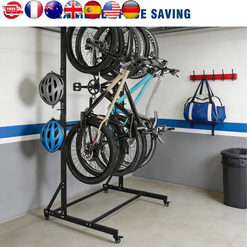 

Floor Bike Storage Rack with Locking Casters & 6 Hooks Holds Up To 5 Bikes Height Adjustable for Garage Basement & Home United States